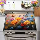 Floral Stove Top Cover for Electric Stove, Flower Range Covers, Butterfly Range Top Mat, Winter Holiday Cooktop Cover 28x20 inch, Glass Cooktop Covers for Kitchen Home Decor, Reusable Cover