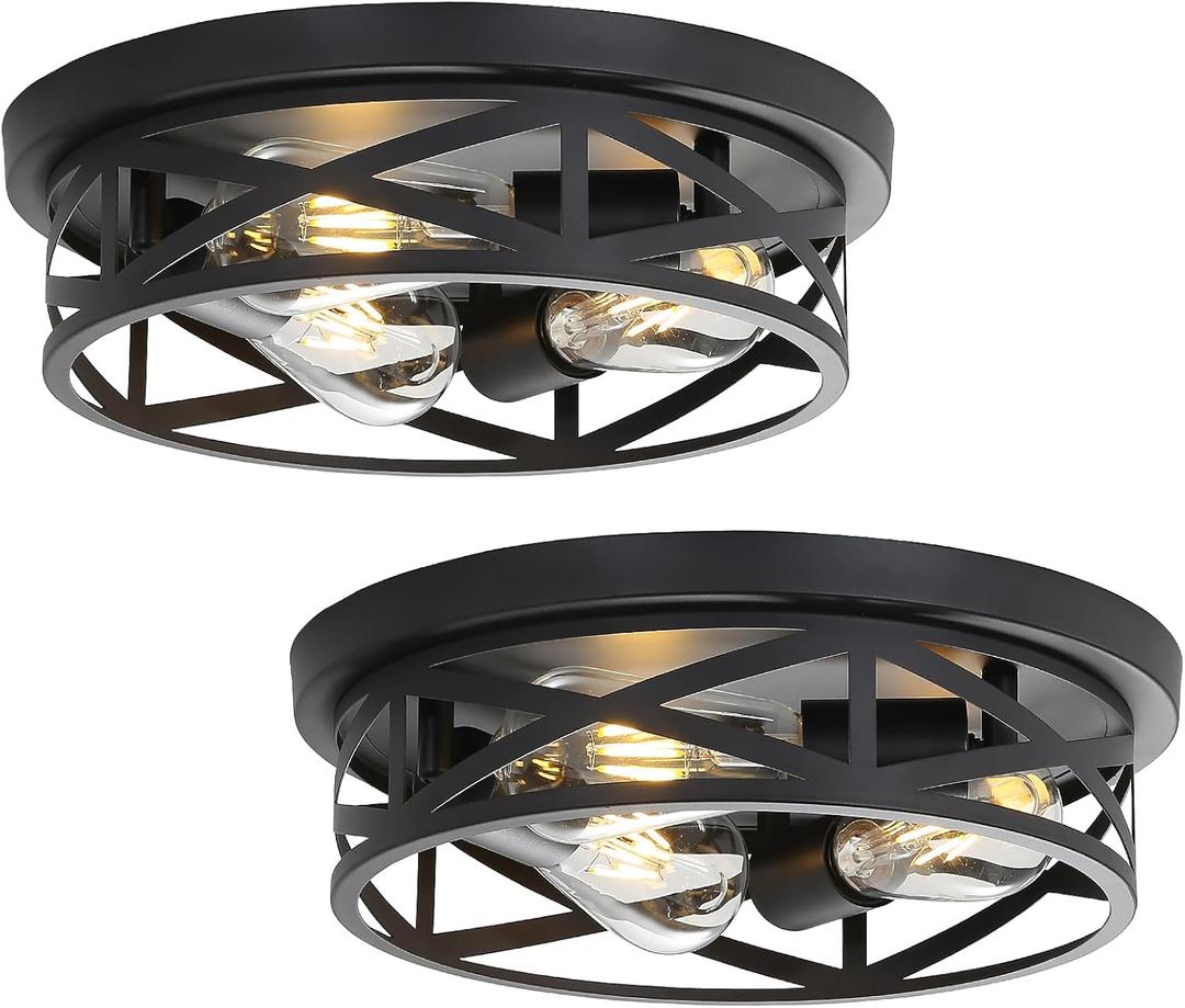 2 Pack Close to Ceiling Light Fixtures, 13 Inch Farmhouse Metal Cage Flush Mount Ceiling Light 3-Lights, Black Industrial Semi Flush Mount Ceiling Light for House Hallway Kitchen Bedroom