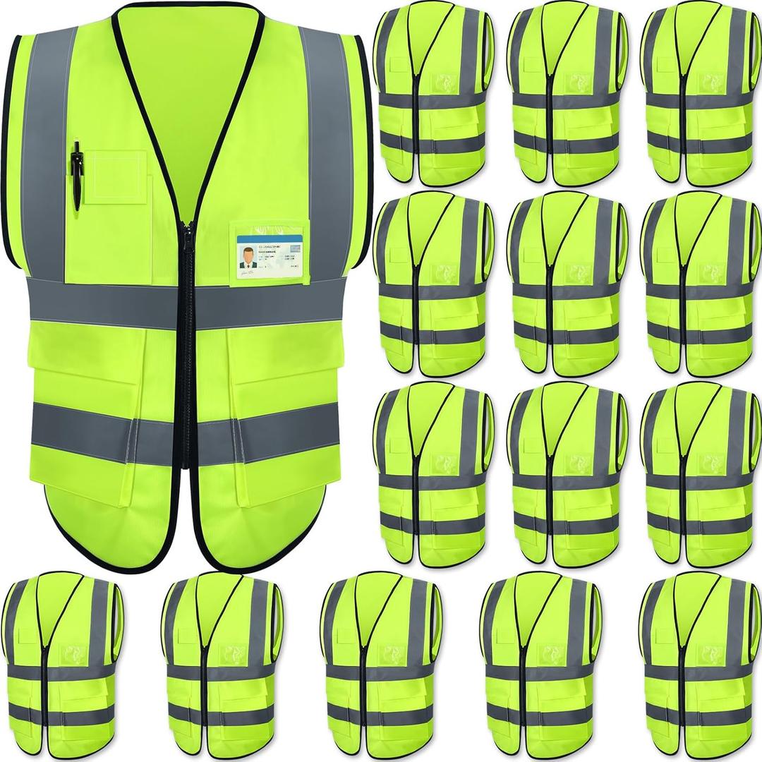 JaGely 15 Pack Reflective Safety Vests with Pockets and Zipper Construction Work High Visibility Vest for Men Women(Medium,Fluorescent Green)
