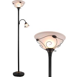 VONLUCE Torchiere Floor Lamp with Side Reading Light, 3-Way Switch Combo Antique Bronze Mother Daughter Floor Lamp with Glass Shade, 71" Desk Floor Lamp for Living Room Corner Bedroom Home Office