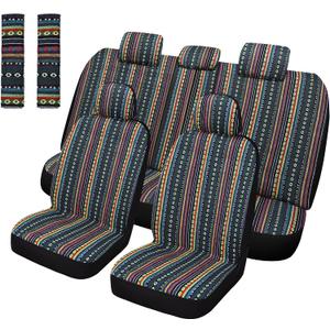 Pariitadin Baja Saddle Blanket Car Seat Covers Full Set with Seat Belt Pads, Washable Breathable Striped Woven Cloth Seat Covers for Cars Interior, Universal Fit Most Cars, Airbag Compatible, Red/Blue