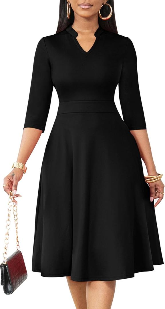Nmoder Casual Dresses for Women Semi Formal Fit and Flare 3/4 Sleeve A-line Church Work Dress with Pockets, M