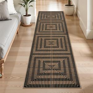 LIVEBOX Farmhouse Rug Runners for Hallways Non Slip, 2x6 Easy Jute Indoor Outdoor Runner Mat, Abstract Geometric Striped Washable Rugs for Kitchen, Entryway, Mudroom (Black)