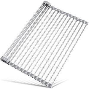 Tomorotec 17.7" x 15.5" Roll Up Dish Drying Rack Over Sink Drying Rack Sink Cover Kitchen Sink Accessories Gadget Multipurpose Organizer Foldable Stainless Steel Drainer (Grey) (Gray)