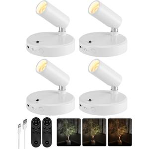 EZVALO Spot Lights Indoor, 5500mAh Rechargeable Plant Spotlights with Remote, Wireless Mini Art Accent Light with Timer & Dimmable, 3-CCT, Uplights Indoor for Plants, Display, Artwork (4-Pack-White)