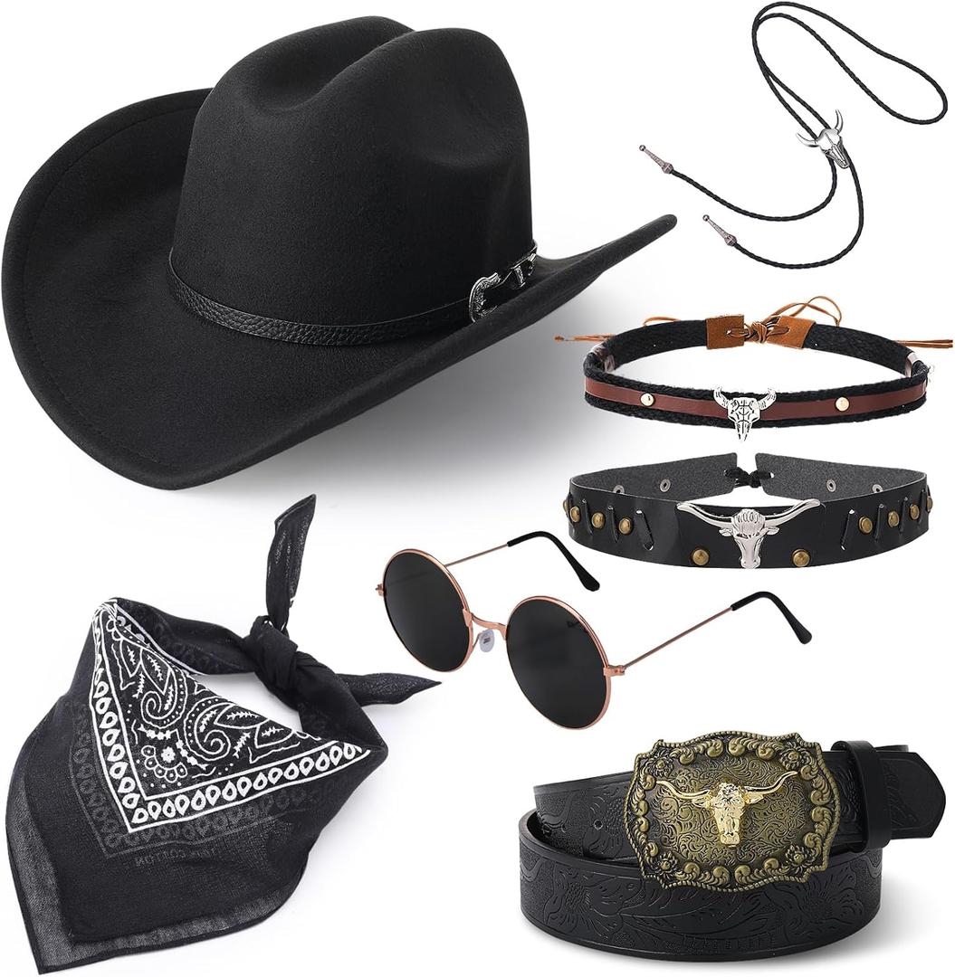 7Pcs Cowboy Costume Outfit for Men Women Cowboy Hat Hat Bands Leather Necklace Belt Glasses Bandana for Cosplay