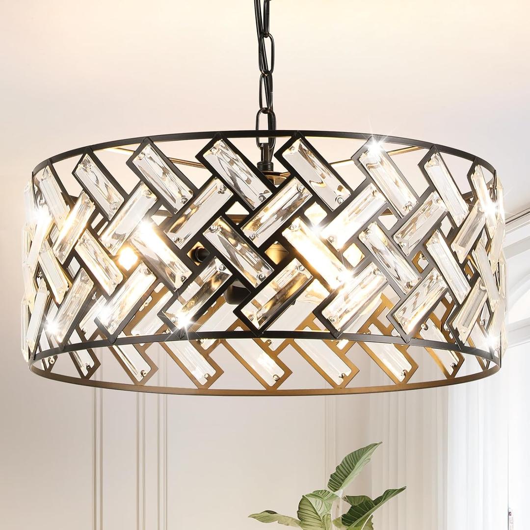 16" Drum Crystal Chandelier, Modern Black Pendant Light with Adjustable Chain, 3-Light E26 Fixture for Dining Room, Bedroom, Hallway & Foyer, Bulbs Not Included