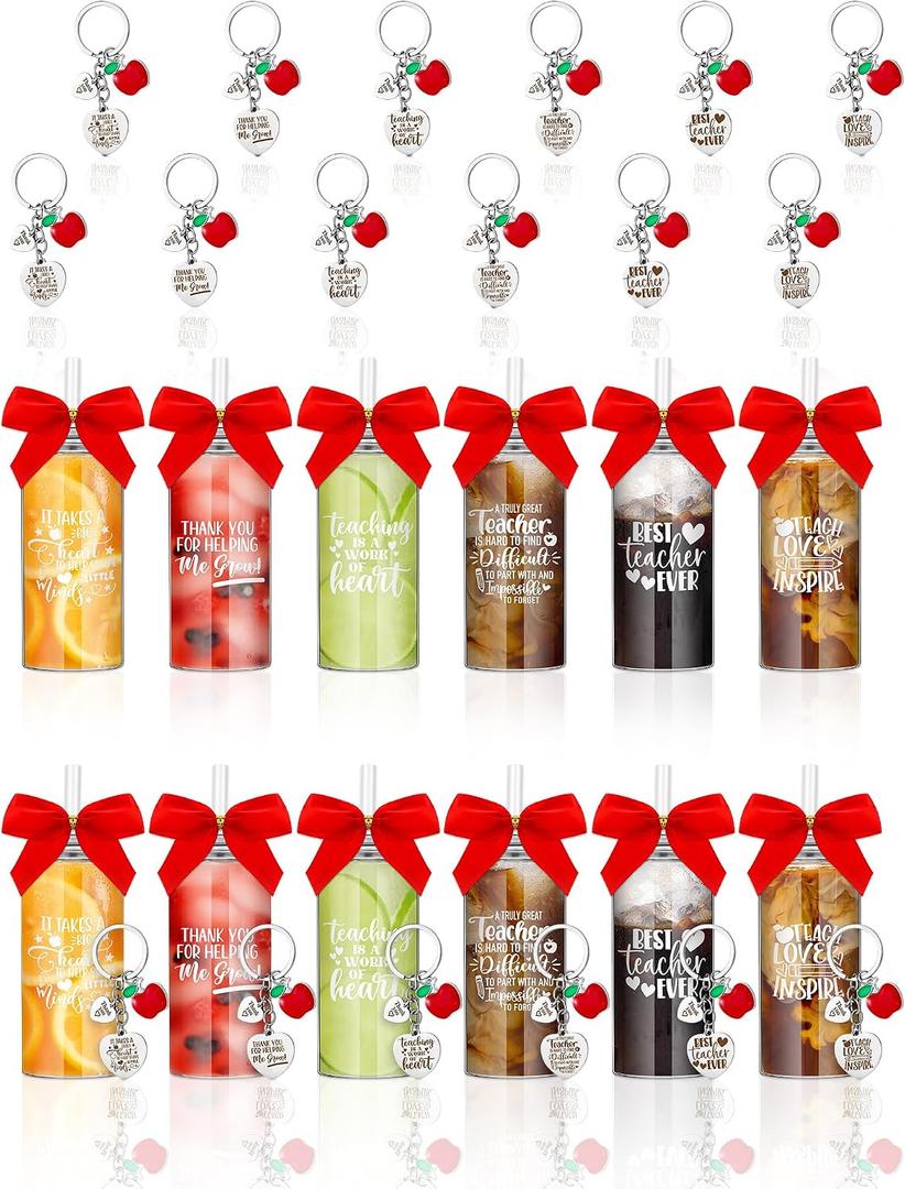 Skylety 12 Sets Teacher Appreciation Gifts in Bulk 13.5 oz Reusable Coffee Cups with Lid Straw Keychain Bows Thank You Teacher Gifts Back to School Party Favor Employee Office Supplies (Round)