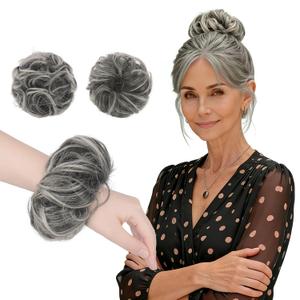 FESHFEN 2PCs Small Messy Bun Hair Piece for Thin Hair Women Girl Mini Synthetic Elastic Wavy Space-bun Scrunchies Updo Hairpieces, Black Gray and White Tips