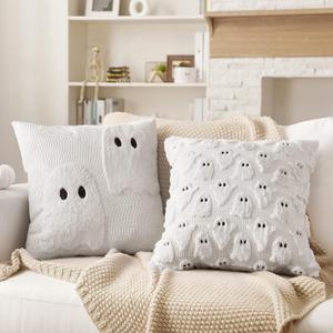 2 Pcs Halloween Pillow Covers 18 x 18 Inch White Ghost Throw Pillowcase Spooky Plush Cushion Cases Cute Ghost Halloween Decoration for Home Sofa Bed Couch Chair Living Room Bed Home