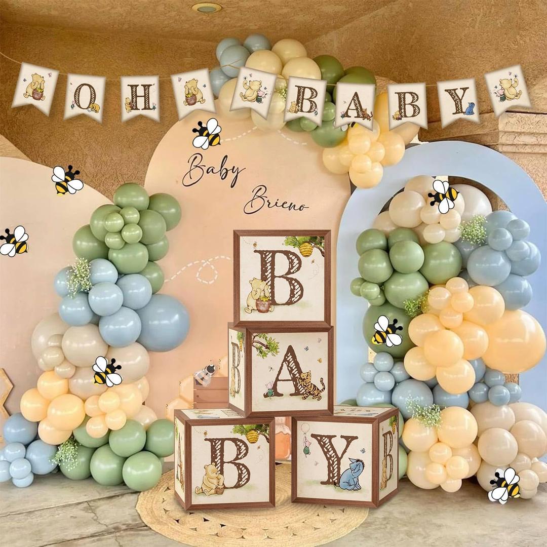 125Pcs Classic Winnie Bear Baby Shower Decorations Baby Boxes Balloons Banner Kit, Neutral Vintage Pooh Balloons Baby Blocks with Letters Banner Bee Stickers for Boys Girls Baby Shower Gender Reveal