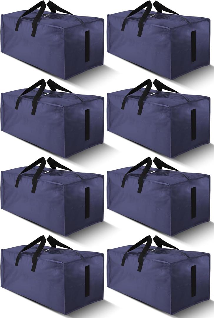 8 Pack Large Strong Moving Bags with Zippers & Carrying Handles - Water-Resistant - Heavy Duty Storage Tote for Space Saving, Fold Flat, Alternative to Moving Box (Blue)