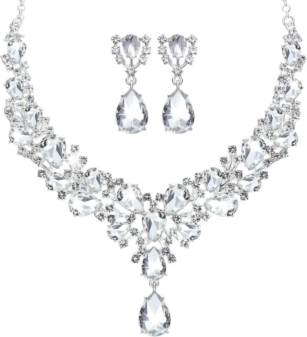 Hicarer Bridal Teardrop Cluster Crystal Jewelry Set for Women Necklace Earrings Wedding (Silver)