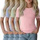4 Pack Girls Short Sleeve Tops Ribbed Cotton Lettuce Trim T Shirts Crew Neck Cute Basic Tees for Kids Teen (5-6 Years, White, Light Blue, Light Green, Light Pink)
