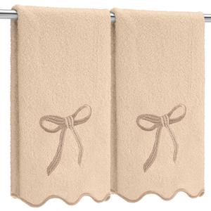 2 Pcs Brown Scalloped Hand Towels for Bathroom 26 x 13 Embroidery Coquette Bow Hand Towels 100% Cotton Soft Absorbent Boho Bath Decor for Kitchen Bathroom