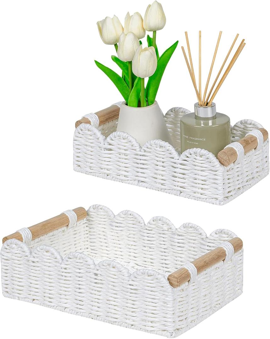 CubesLand Scalloped Edge Decor Baskets for Home, Living Room, Toilet Paper Storage Basket for Over Toilet Tank Top, Storage Shelf, Cute Small Paper Rope Baskets Both Storage&Decor, Set 2 White