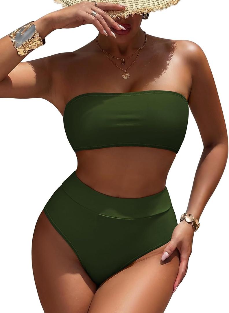 Pink Queen Women's Remove Strap High Waist Bikini Set Army Green, Medium