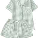 Verdusa Women's Plaid 2 Piece Cute Pajama Sets Short Sleeve Button Down Shirts with Shorts Loungewear Green, Small