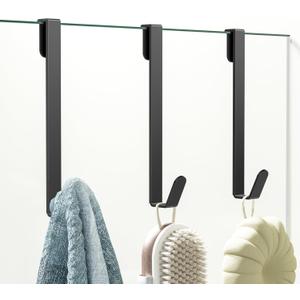 3 Pack Shower Door Hooks, Over Glass Door Hook in Bathroom Frameless Glass Door, Shower Hooks for Hanging Robe Towel Loofahs, Black.