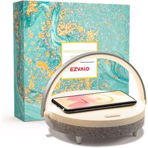 EZVALO Gift for Her, Music Table Lamp with Wireless Charger, 4 in 1 Touch Bedside Lamp, Portable Bluetooth Speaker, Phone Holder, Dimmable LED Night Lights Birthday Gifts for Women, Men, Dad, Mom (White)