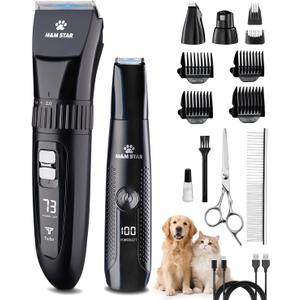 M&M STAR Dog Grooming Kit, Quiet Dog Clippers for Grooming Heavy Thick Coats, Cordless Pet Hair Trimmer & Shaver with Paw Trimmer, Low Noise Rechargeable Clippers for Small Large Dogs Cats