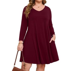 JollieLovin Women 3/4 Sleeve Plus Size Casual Fall Dresses 2025 V Neck T Shirt Long Tunic Dress (1X, Winered)