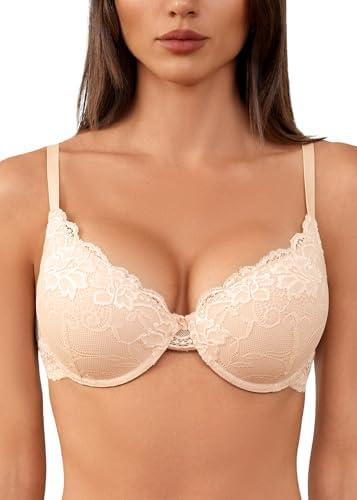 Joktty Women's Lace Push Up Bra Lightly Padded Demi Sexy Plunge Underwire Convertible Soft Comfort Bras Size 32C