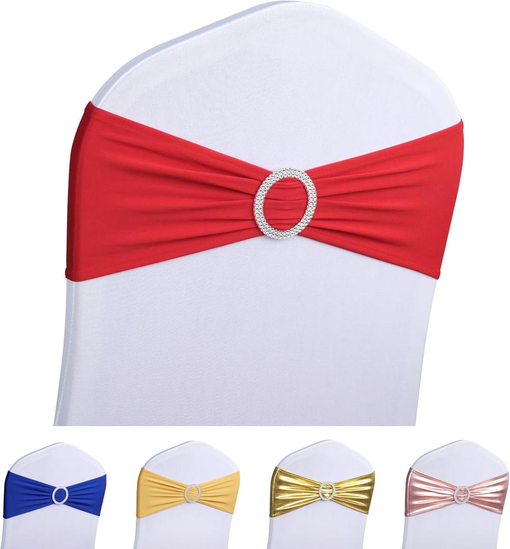 LEBENGURU Red Spandex Chair Sashes-100pcs Premium Stretch Bows with Buckle Slider, Universal Elastic Chair Bands for Wedding Party Banquet Decoration