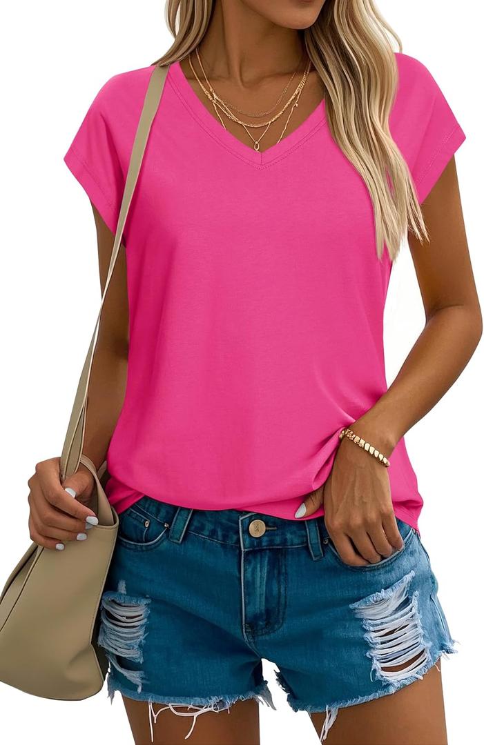 YUCOLEN Women's Cap Short Sleeve Tunic Tops V Neck Cotton T-Shirts UPF50+ Soft Breathable Summer Basic Tee (Pink, S)