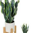Hollyone Artificial Snake Plant Potted with Solid Wood Plant Stand, 19" Faux Sansevieria Tropical White Ceramic Pots Fake Plants for Home Office Indoor Decor Housewarming Gift