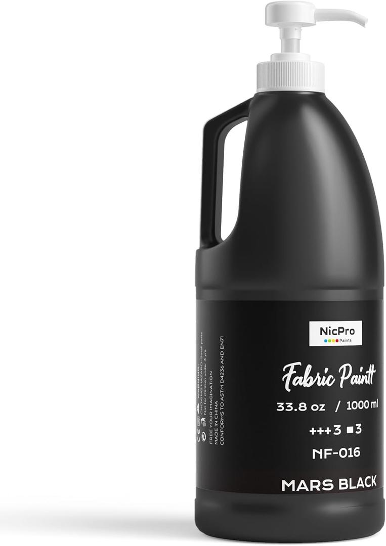 Nicpro Black Fabric Paint for Furniture with Pump, 33.8 fl oz Fabric Paint for Clothes Permanent, Soft Rich Pigment Non-Toxic Textile Paint for Fabric DIY Crafts T-shirt Shoes Jeans for Kid Adult