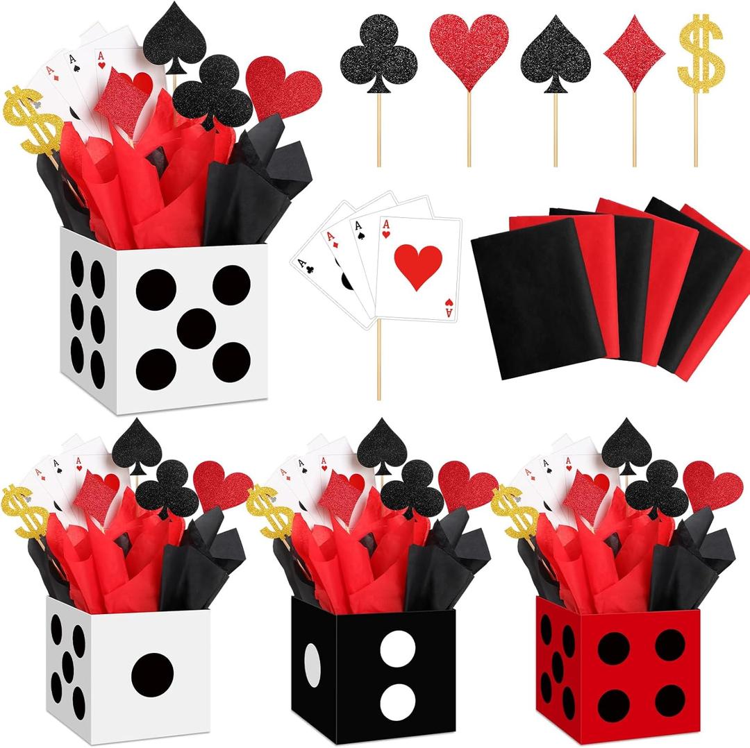 Zhanmai 4 Set Casino Theme Party Decorations 6 x 6 x 6 Inch Paper Poker Boxes Casino Centerpiece Sticks for Table Game Theme Night Decoration Gift Box for Poker Birthday Party Supplies