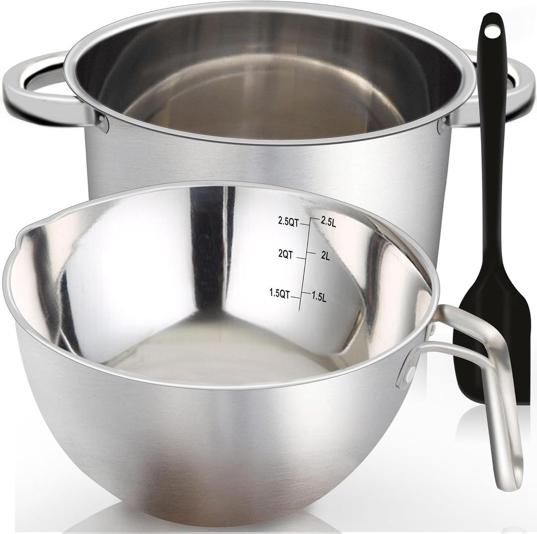 Marsheepy Double Boiler Pot Set, 2500ML2.3QT Mixing Bowl for Chocolate Melting, 4000ML3.63QT Stainless Steel Pot With Silicone Spatula for Melting Chocolate, Candy, Candle, Soap, Wax