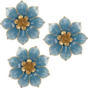 Metal Flowers Wall Decor Blue and Gold Wall Art Hanging Decorations 3 Pc Rustic Modern Floral Sculpture Wall Accent Artwork Indoor Outdoor for Bathroom Bedroom Living Room Garden Patio Porch 10 Inch
