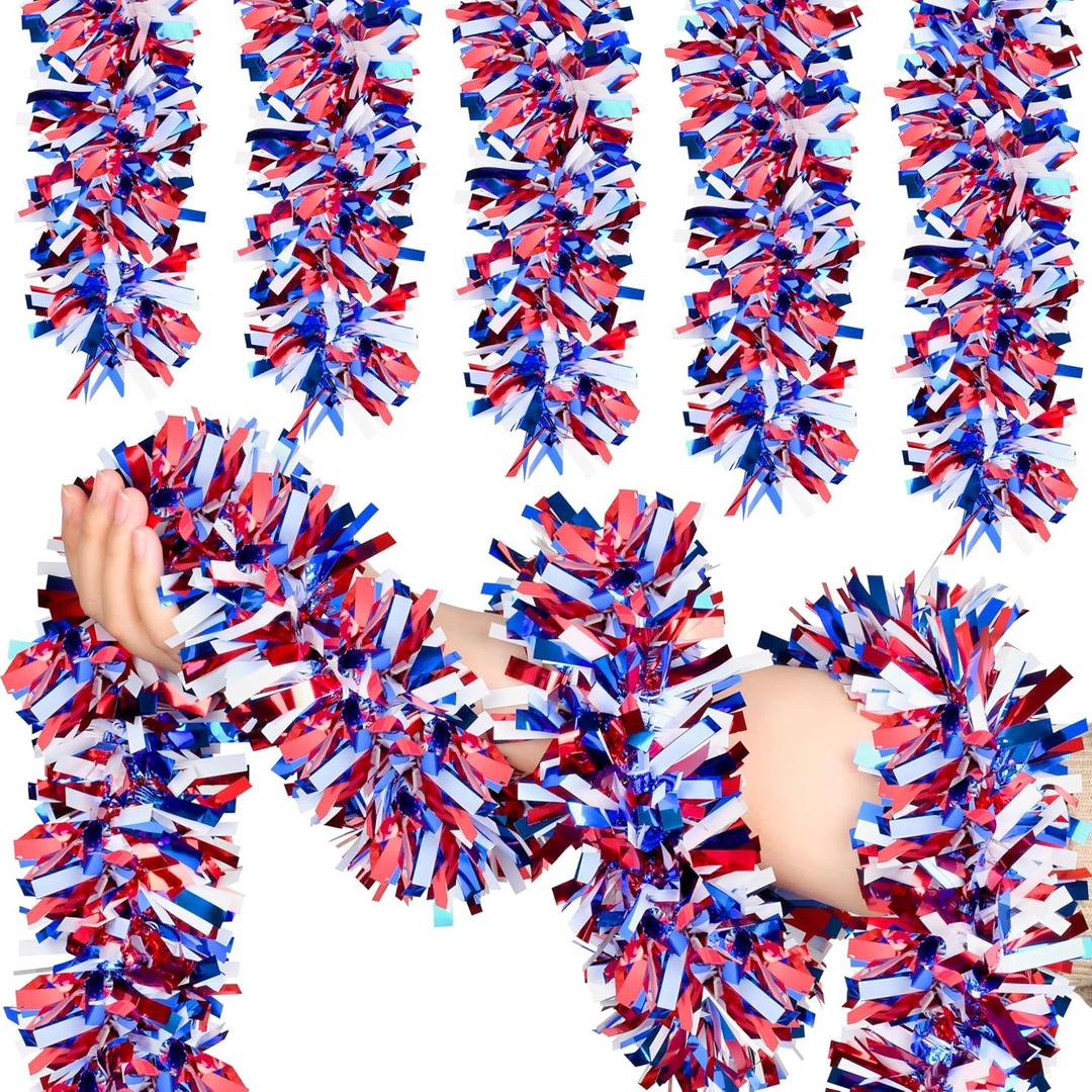 50FT 4th of July Patriotic Tinsel Garland, Red Blue White Glitter Tinsel Garlands, Metallic Holiday Hanging Streamers for Memorial Day Independence Day Indoor Outdoor Party Décor