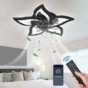 Dimmable Ceiling Fan with Light and Remote Control, 27" Small Flush Mounted Ceiling Fan with Led Lights, APP and Remote Controlled, Modern, Black, Upgraded