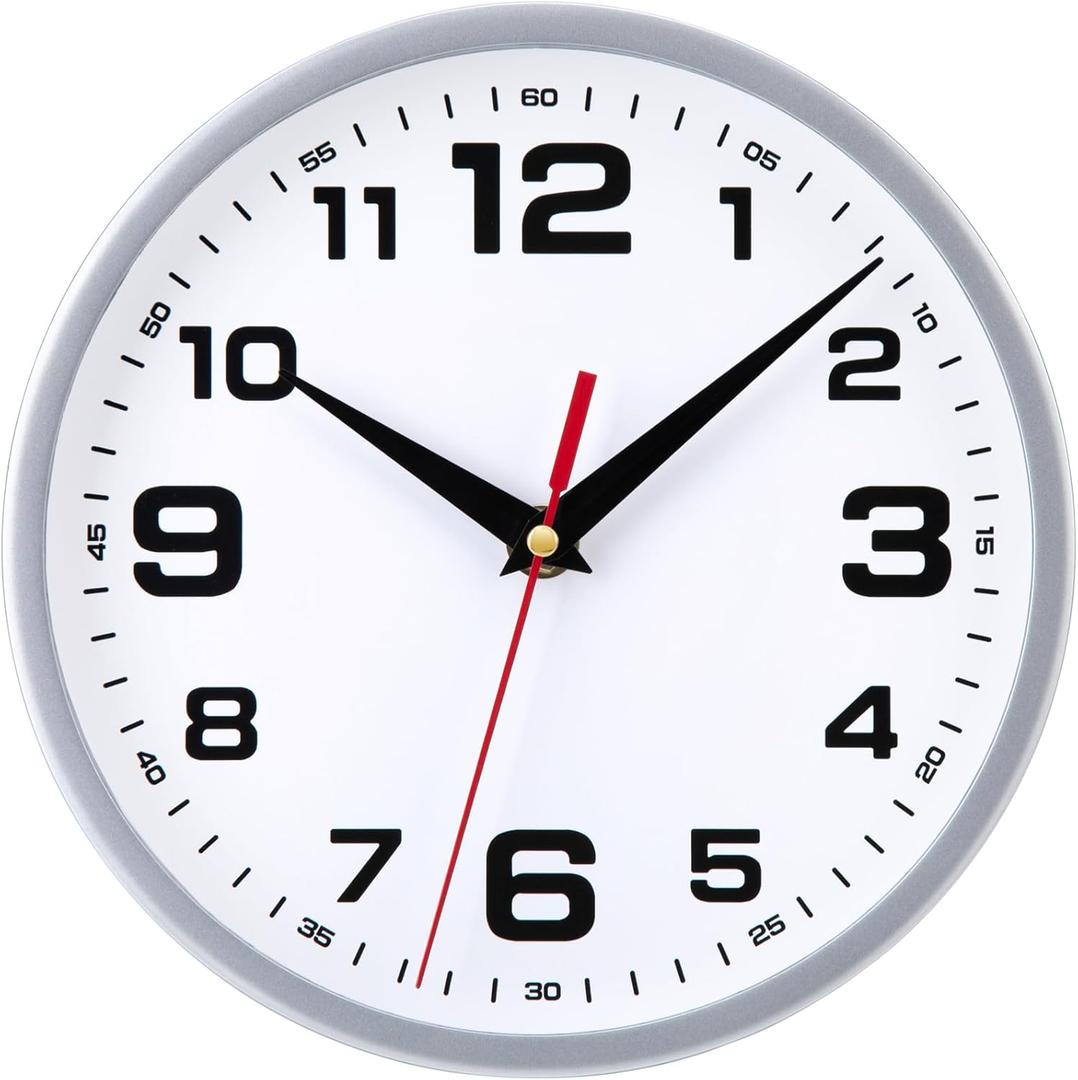 Wall Clock Silent Non-Ticking 8 Inch Modern Clocks Battery Operated Small Analog Silver Clock for Kitchen Bedroom Office Living Room Decor