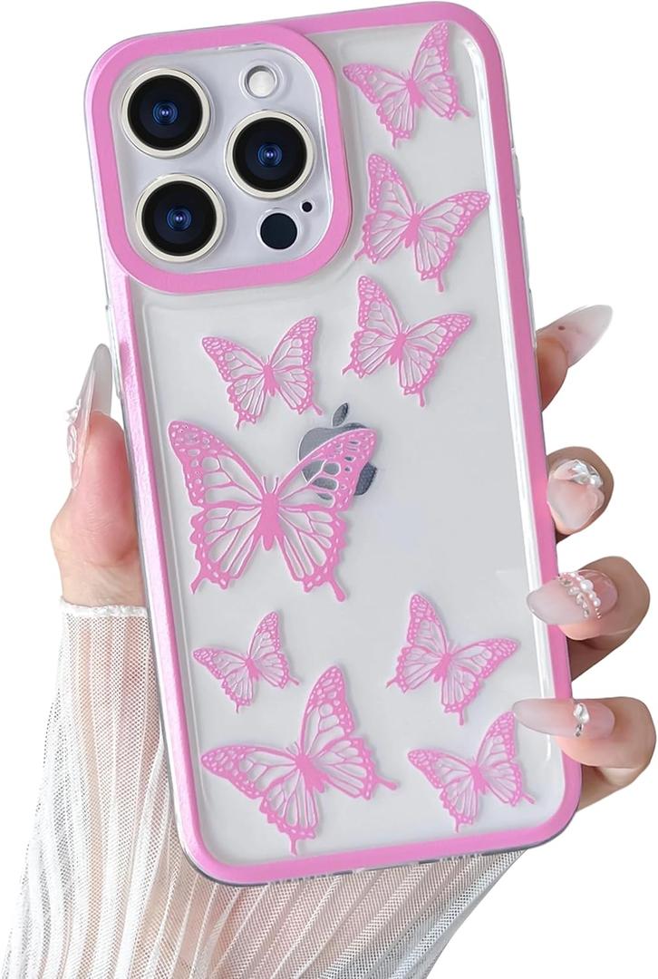 Yeddabox Compatible for iPhone 13 Pro Case Butterfly Cute Phone Case Transparent Full Camera Protection Soft TPU Shockproof Cover for Women Girls - Pink
