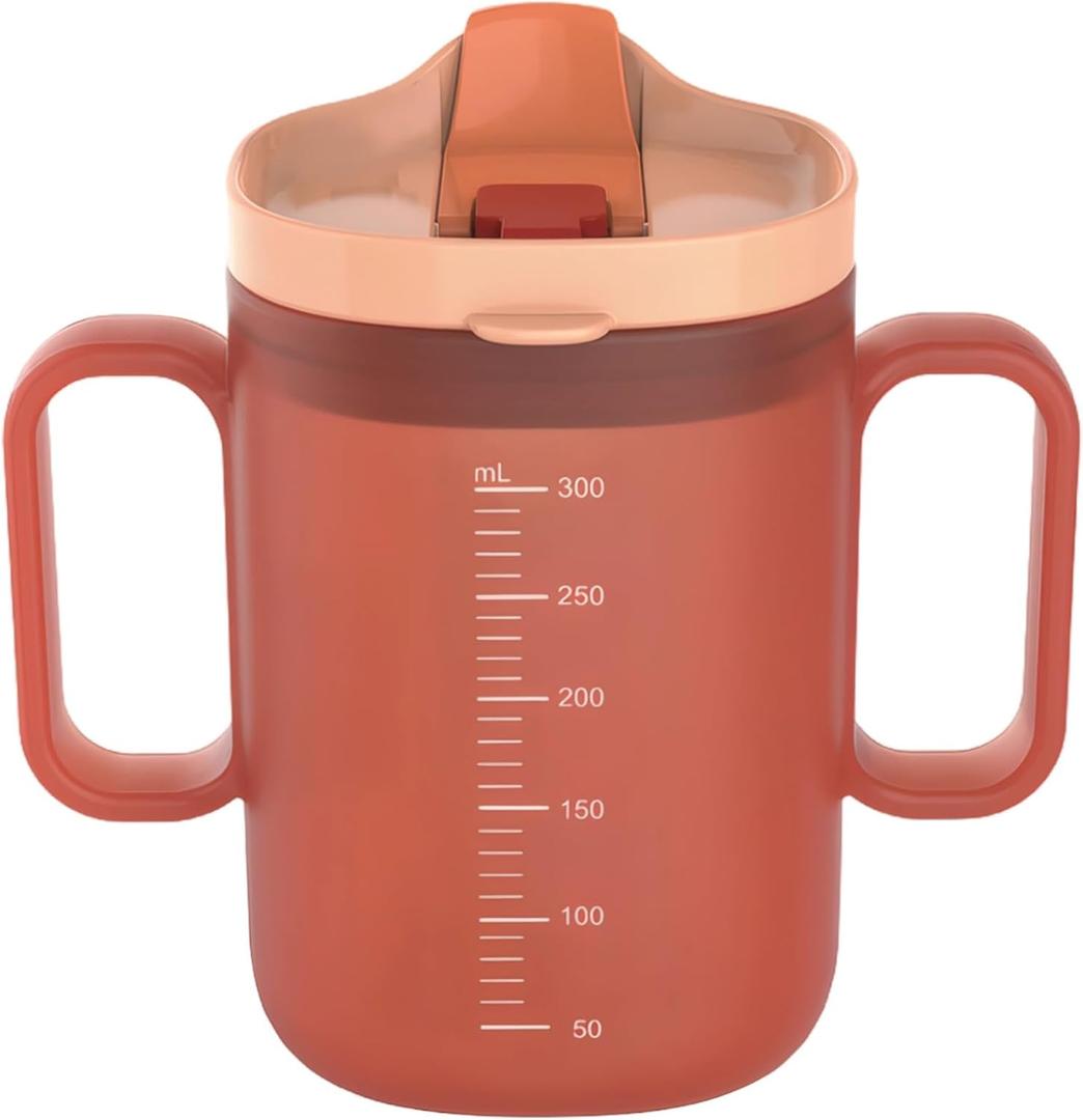 yeeplant 10 Oz Sippy Cup for Adults, Coral, Double Handles, Single-Handed Lid, Silicone Straw