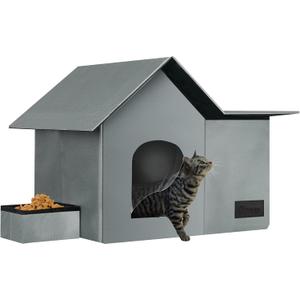 Cat Houses for Outdoor Cats-Large Weatherproof Cat Bed for Indoor Cats,Collapsible Warm Feral Cat Shelter with Removable Soft Mat and Bowl for Winter (Gray, Large)