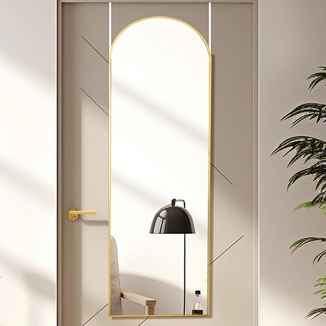 16"x50" Door Mirror, Arched Full Length Mirror, Over The Door, Arch Wall Mirror, Thin Frame, Aluminum Alloy, for Bedroom, Living Room, Entryway -Gold