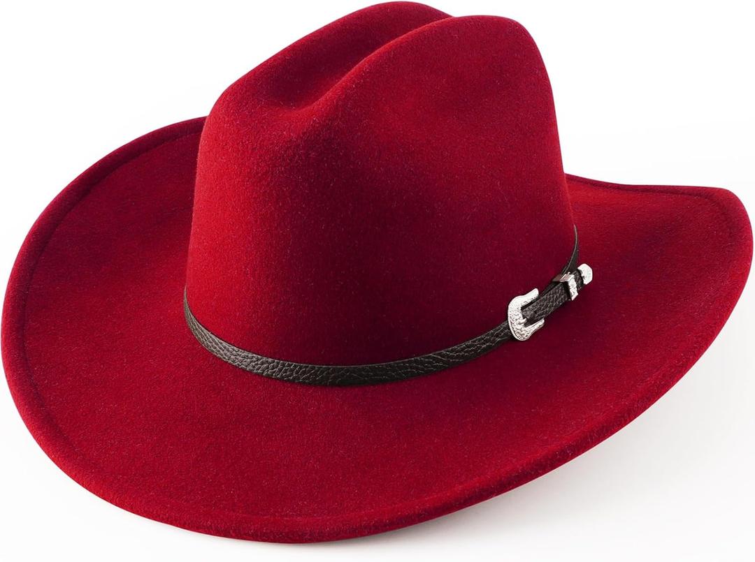 Western Cowboy Hats for Women Classic Felt Wide Brim Fedora Hat with Belt Buckle Retro Panama Hat Unisex Rolled up Cap