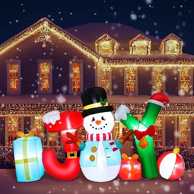 Realspring 8Ft Wide Joy Snowman Christmas Inflatables Outdoor Decoration, Giant LED Xmas Blow Up Yard Decoration Christmas Decorations Outdoor for Winter Party Decor Courtyard Lawn and Garden