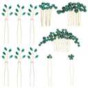 11 Pieces Vintage Emerald Green Headpieces, Crystal Bead Party Prom Wedding Bridal Vine Leaf Hair Side Combs, Green Leaf Rhinestone Gold Hair Vine Rhinestone Bride Headpiece for Brides Bridesmaids