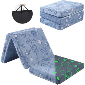 MeMoreCool Glow Space-Themed Foldable Floor Mattress for Kids, Trifold Nap Mat with Planets and Stars, Portable Daycare Sleeping Futon or Floor Bed, 57x22 Inch (Blue Astronaut)