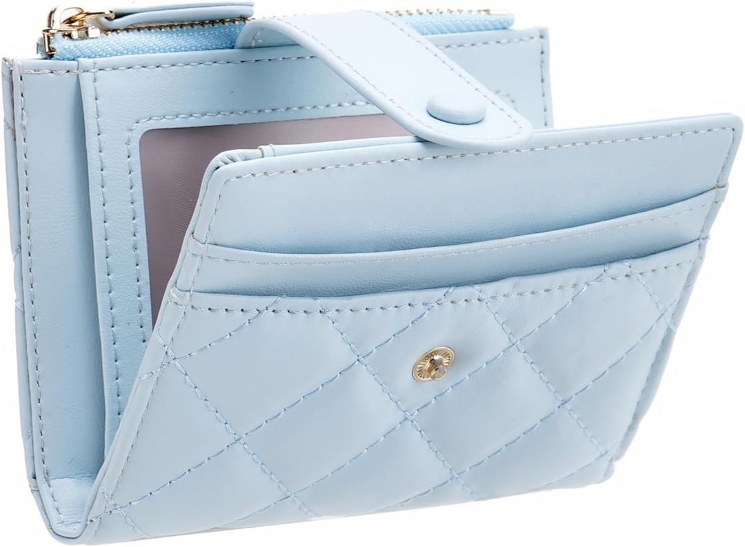GAEKEAO Small Wallet for Women Slim Bifold Leather RFID Blocking Credit Card Holder Wallets Zipper Pocket Coin Purse with ID Window (Light Blue)