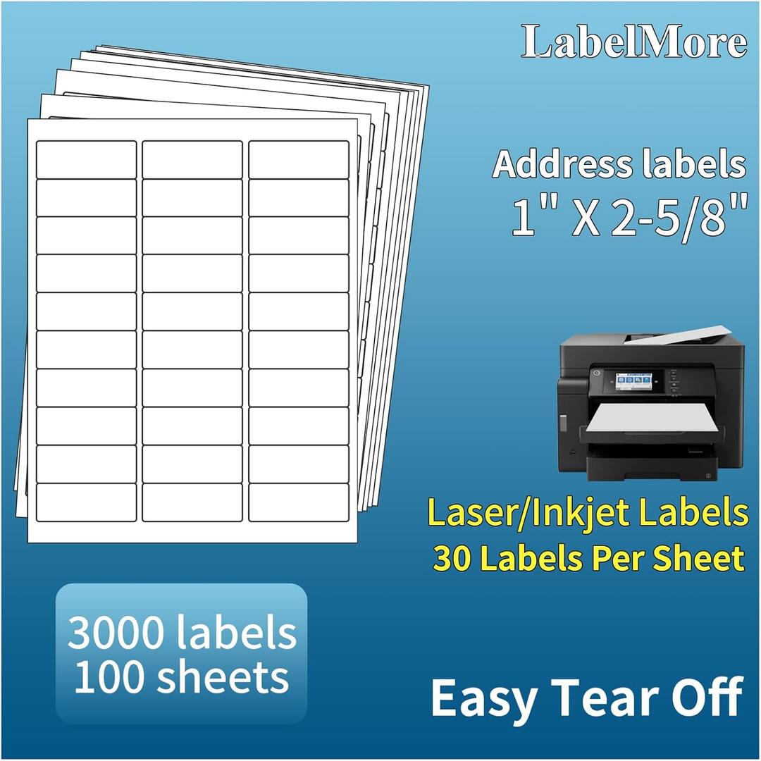 1" X 2-5/8" Address Labels 30 Per Sheet Sticker Paper for Laser and Inkjet Printers, 8.5"11" White- 3000 Labels