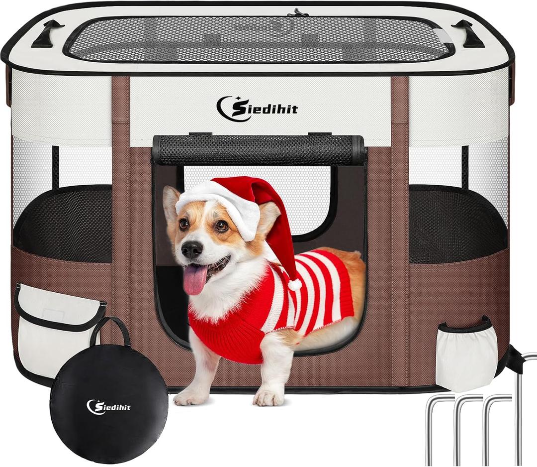 Siedihit Dog Cat Playpen, Pet Puppy Portable Playpens for Outdoor Travel Crate, Indoor After Surgery Use, Foldable Dog Kennel Tent for Rabbit or Small Animals and Tent Stakes(Brown, Small)