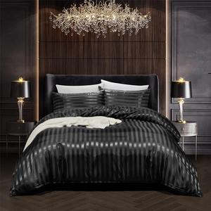 3 Piece Satin Duvet Cover Set Bedding Sets Italian Style 1800 Series Luxury Rich Silk Silky Super Soft Stripes Hidden Zipper Closure Reversible Wrinkle Free Honeymoon(Black, King)