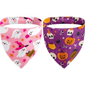 Halloween Dog Bandanas with Snap Button, 2 Pack Pumpkin & Ghost Pet Scarf for Boy & Girl, Premium Durable Fabric, Adjustable Fit, Spooky Bandana for Medium and Large Dogs (Large) (Halloween-Pink, Purple)